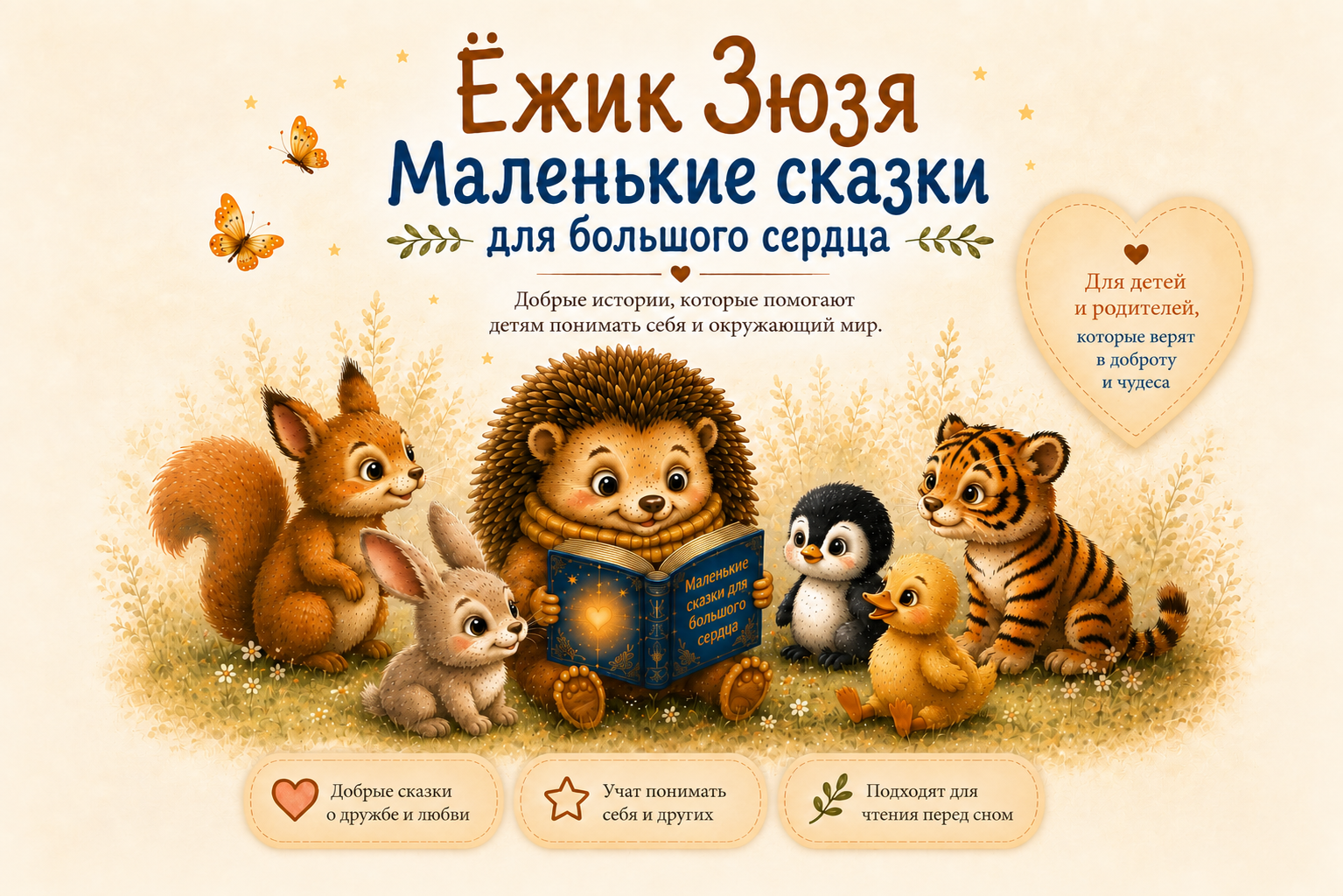 Ёжик Зюзя читает книгу с друзьями в сказочном лесу